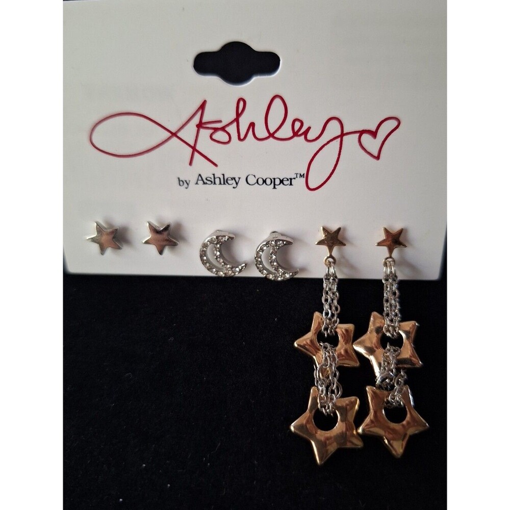 Ashley Cooper Silver Star & Rhinestone Moon Earring Trio